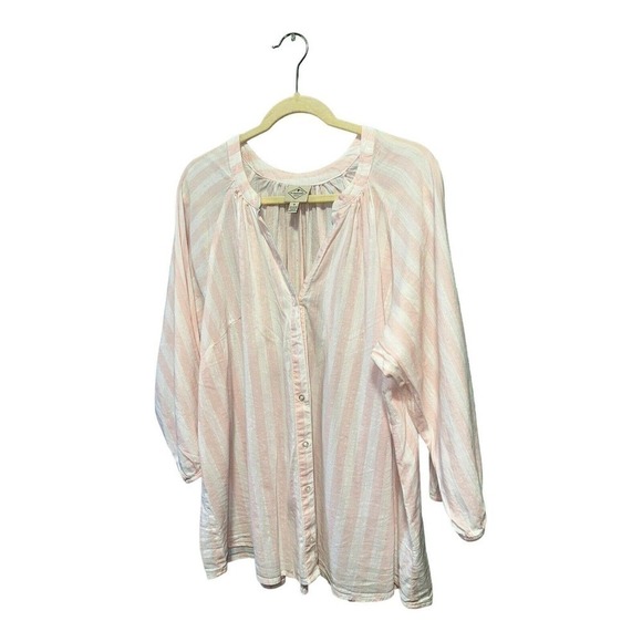 St Johns Bay Women’s Cotton Blend Button Down Top Sz. 1X Pink Stripe V-Neck - Picture 3 of 9